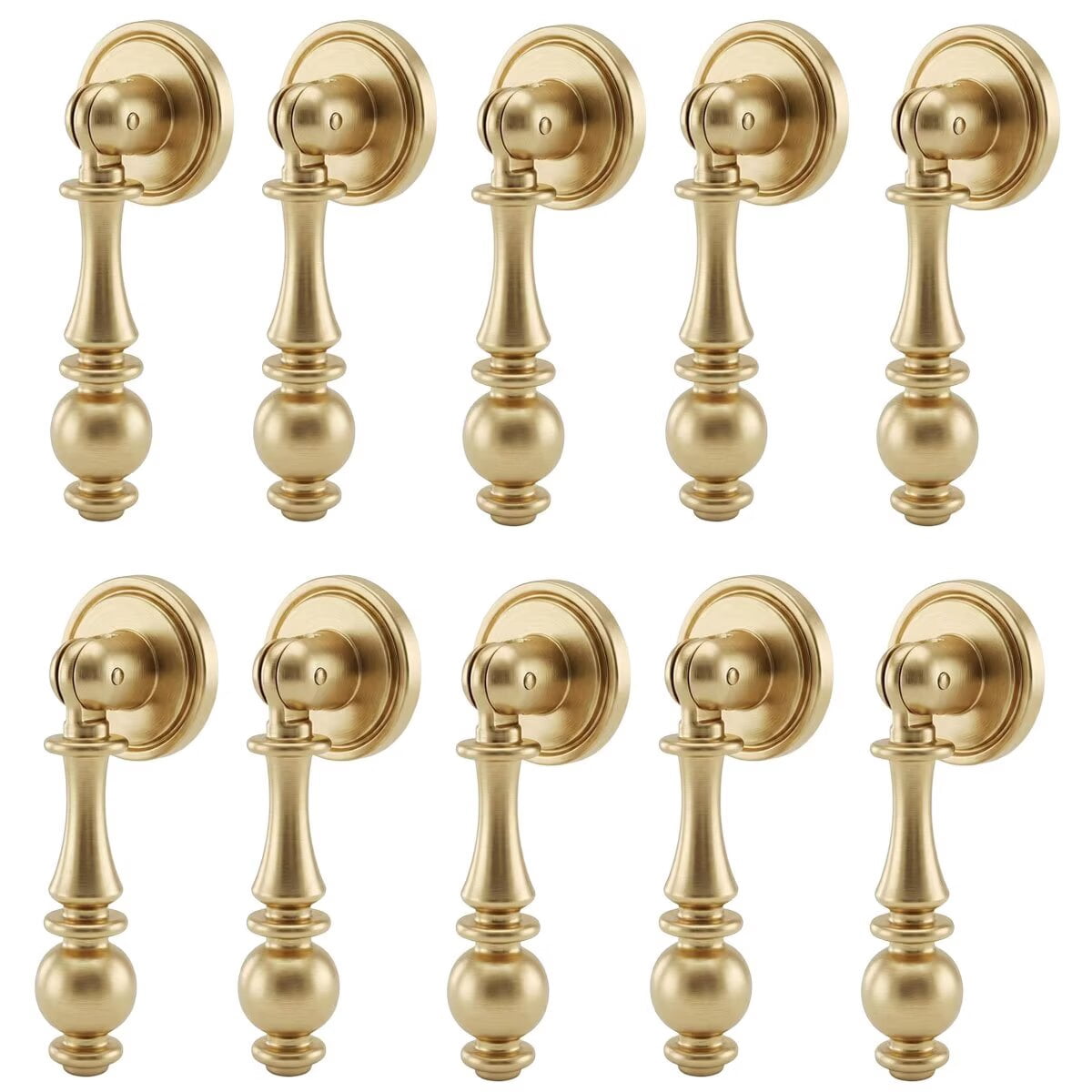 HDJNal 10 Pcs Vintage Drop Cabinet Pulls 2.55 Inch Zinc Alloy Drawer Handles Brushed Gold Dresser Knobs Decorative Pendant Style Hardware for Kitchen Cabinets Nightstand Cupboard