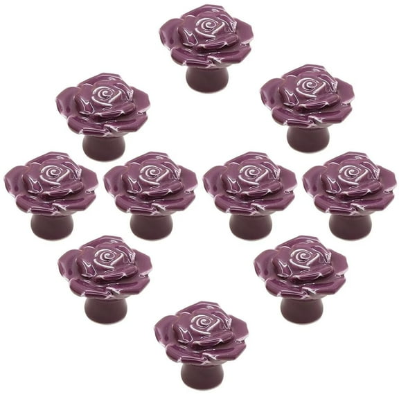 HDJNal 10Pcs Antique Rose Flower Cabinet Knob, Vintage Ceramics Handles Decorative Dresser Knobs Cabinets Closets Girl's Furniture Drawer Bookcase Cabinet Handle (Purple)