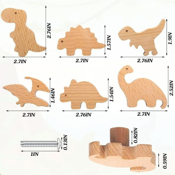 HDJNal 6PCS Wooden Dinosaur Cabinet Knobs Decorative Wood Dresser Knobs with Screws Dresser Pulls Wood Marine Woodland Animals Knobs Furniture Knobs Nursery Drawer Handles for Decor
