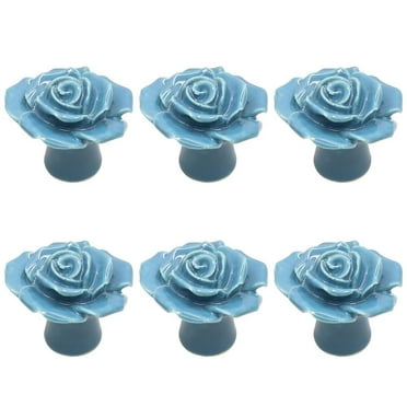 HDJNal Antique Rose Flower Cabinet Knobs, 6pcs Vintage Ceramics Handles Decorative Drawer Handle Knobs for Dresser Cabinet with Mounting Screws (Blue)