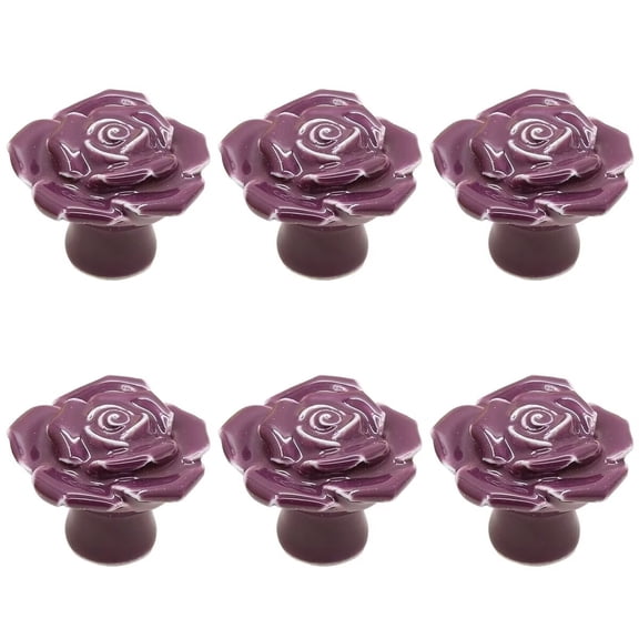 HDJNal Antique Rose Flower Cabinet Knobs, 6pcs Vintage Ceramics Handles Decorative Drawer Handle Knobs for Dresser Cabinet with Mounting Screws (Purple)