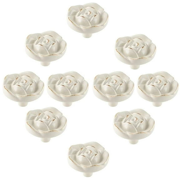 HDJNal Antique Rose Flower Cabinet Knobs, Vintage Kitchen Shabby Chic Zinc Alloy White Drawer Pull Handles for Dresser Vanity Nightstand Cupboard Wardrobe, 10 Pack (Golden Line)