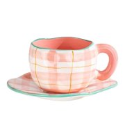 HDJNal Ceramic Coffee Mug Set with Saucer, 10 oz Cute Plaid Tea Cup