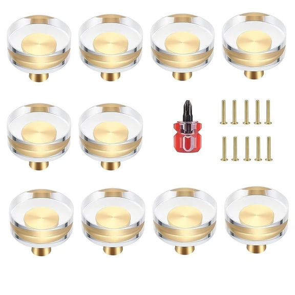 HDJNal Crystal Glass Golden Brass Cabinet Knobs, Clear Furniture Handles, Drawer Pulls Knobs