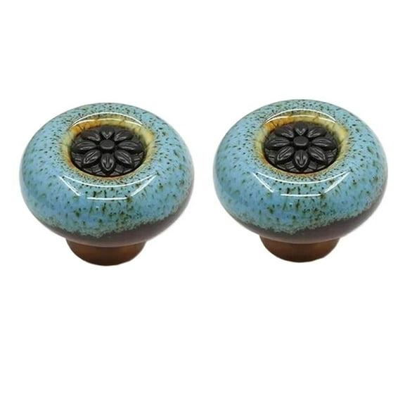 HDJNal Set of 2, Ceramic Knobs - Kitchen Cabinet Cupboard Door knobs, Round Shape Vintage Pull Handles for Furniture, Drawer Handles - Vintage Shabby Chic (32mm Diameter,Black-Blue)
