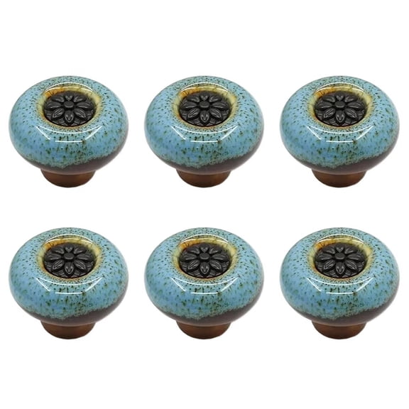 HDJNal Set of 6,Round Shape Ceramic Knobs with Screws - 32mm Diameter - Round Vintage Pull Handles for Home & Office Furniture - Kitchen Cabinet, Drawers & Cupboard Doors (Black-Blue)