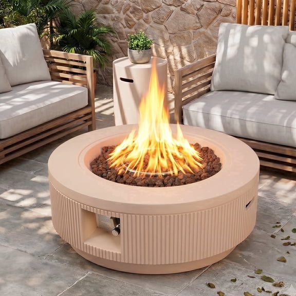 HDLKRR 36" Round Propane Fire Pit Table with Tank Cover, 50,000 BTU Outdoor Concrete Fire Table, Modern Fluted Design, Ivory Sand