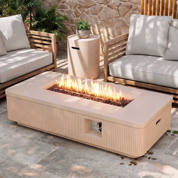 HDLKRR 56" Concrete Propane Fire Pit Table with Tank Cover, 50,000 BTU Rectangular Outdoor Fire Table, Adjustable Flame, Ivory Sand