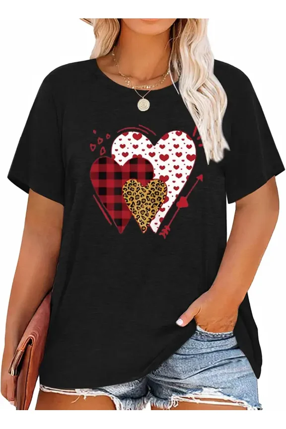 HDLTE Women's Plus Size Valentine Shirts Graphic Love Heart Tops Cute Casual Short Sleeve Tee Shirt