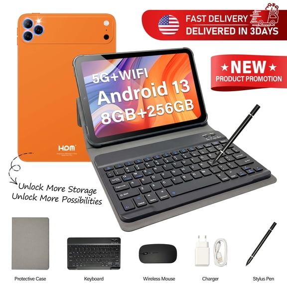 HDM 10.1 Inch Android Tablet, 8GB RAM + 256GB ROM, 1TB Expandable, FHD 1920x1200 Display, Widevine L1, 5000mAh Battery, WiFi Tablet with Keyboard, Mouse & Stylus, Orange