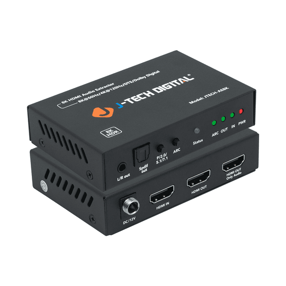 HDMI 2.1 ARC Audio Extractor 4K 120Hz 8K 60Hz, HDMI to HDMI + Optical SPDIF + 3.5mm Audio, Compatible w/ HDR HDCP 2.3 by J-Tech Digital [JTECH-AE8K]