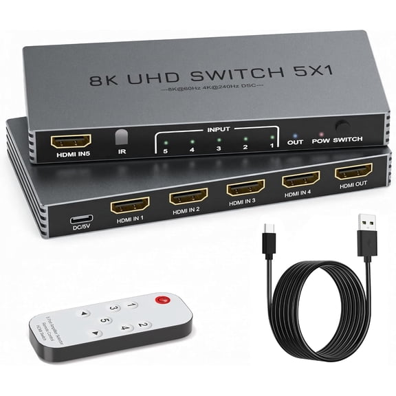 KSRplayer HDMI 2.1 Switcher 5-Port 8K@60Hz 4K@240Hz HDCP2.3 HDR10
