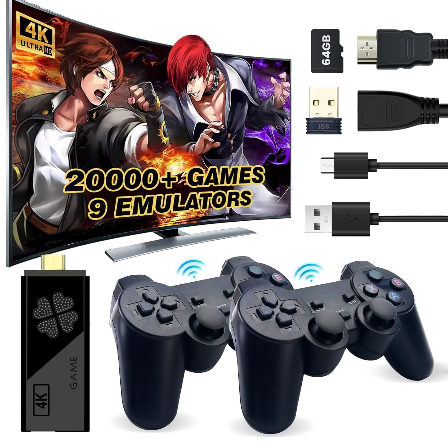 HDMI 4K TV Game Stick 64G 20000+ Game Video Game Consoles + 2× Wireless Gamepad