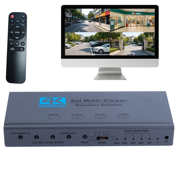 HDMI 4x1 Quad Multi-Viewer Seamless Switch, 4 in 1 Out Screen Splitter with 13 Display Modes, 4K@30Hz 1080P@60Hz, IR Remote for Security Camera, Gaming, PC, Monitor, Projector