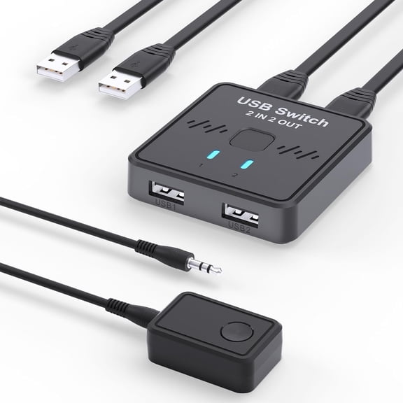 USB Switch, 2 in 2 Out USB Switcher, 2 Computers Sharing Keyboard and Mouse Printer Scanner Webcam, Printer Splitter for 2 Computers, 2 Port USB Selector with 2 USB Cables and External Controller