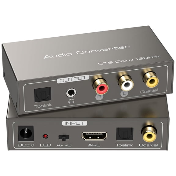 HDMI ARC to RCA Audio Converter 3 in 1 Digital to Analog Audio Converter with Optical Coaxial ARC Input Toslink Coaxial RCA AUX Output Support Dolby DTS LPCM for TV Soundbar Home Theater