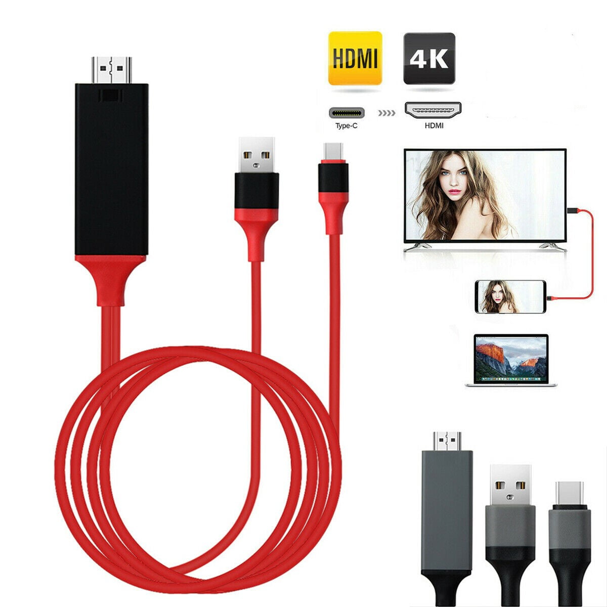 HDMI Cable 1080P Phone to TV HDTV AV Adapter for Android Phone Type C  3-in-1 Design, Multi-Function, Plug & Play