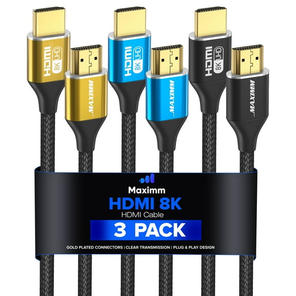HDMI Cable 8k (Maximm Cable?s New Upgraded Design) HDMI 2.1, 12ft, Certified 48Gbps, 8K@60Hz 18Gbps 4K@120Hz Ultra High-Speed Gaming HDMI Cable, 8k/4k Cable, 3 Pack, UL-Listed