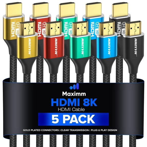 HDMI Cable 8k (Maximm Cable?s New Upgraded Design) HDMI 2.1, 12ft, Certified 48Gbps, 8K@60Hz 18Gbps 4K@120Hz Ultra High-Speed Gaming HDMI Cable, 8k/4k Cable, 5 Pack, UL-Listed