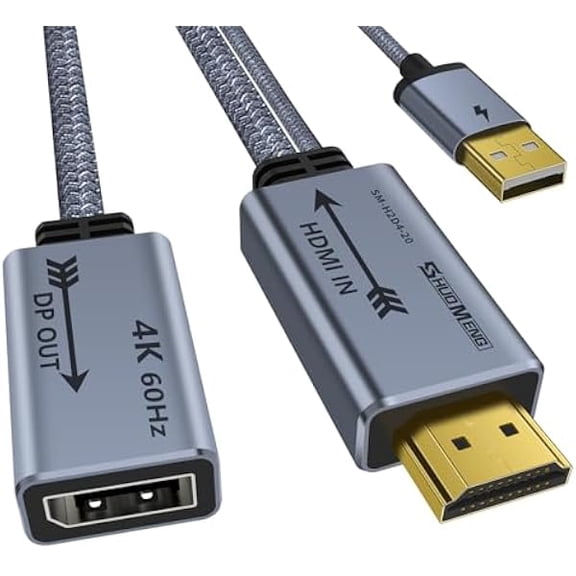 HDMI to Displayport Adapter 4K@60Hz, 2K@120Hz, 1080P@165Hz, HD (PC/Laptop) Male to DP (Monitor) Female Cable with USB Power Compatible with GPU,Laptop,AMD,NVIDIA,PS5,Xbox 20cm/0.65ft