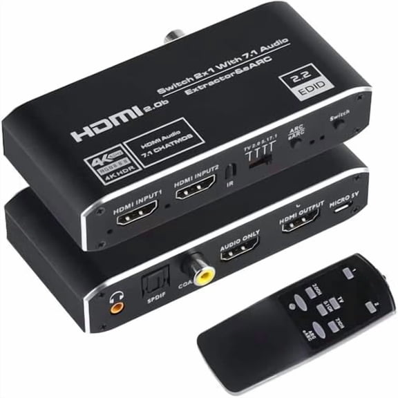 HDMI EARC/ARC Audio Extractor 4K@120, 2 in 1 Out Switcher,to Optical+Coaxial+3.5mm Sound Converter, Support TV/2.0/5.1/7.1 Mode SelectHDMI 2.1, HDR, HDCP2.3