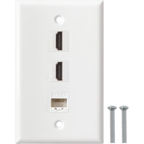 HDMI Ethernet Wall Plate - 2 Port 4K HDMI Keystone, 1 Port Cat6 Keystone Wall Plate Female to Female-White