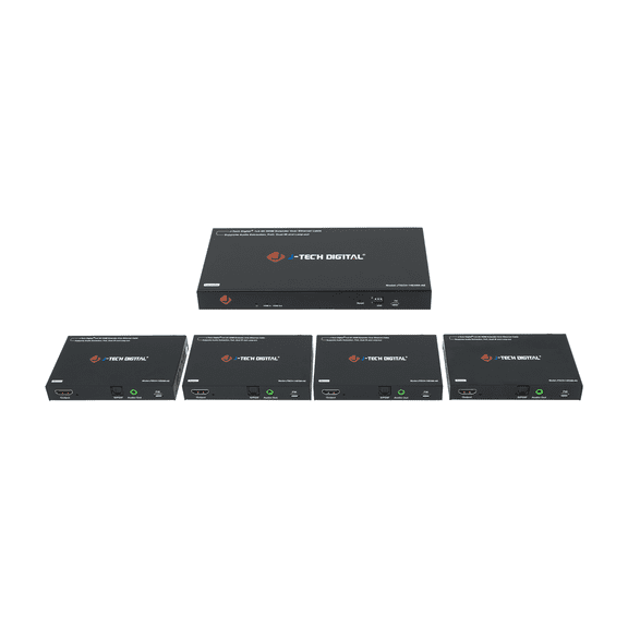 HDMI Extender Splitter 4K 60Hz 1 In 4 Out Over Single Cat5e/6 Ethernet Cable Up To 196ft. Supports 4K Downscale Audio Extraction PoC EDID Switch by J-Tech Digital [JTECH-14EX60-AE]