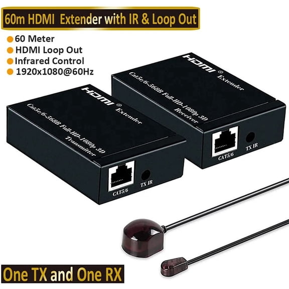 HDMI Extender to 60m 196ft Over Single UTP CAT5e/6 LAN RJ45 Support 1080P 3D with Transmitter and Receiver HDMI Loopout
