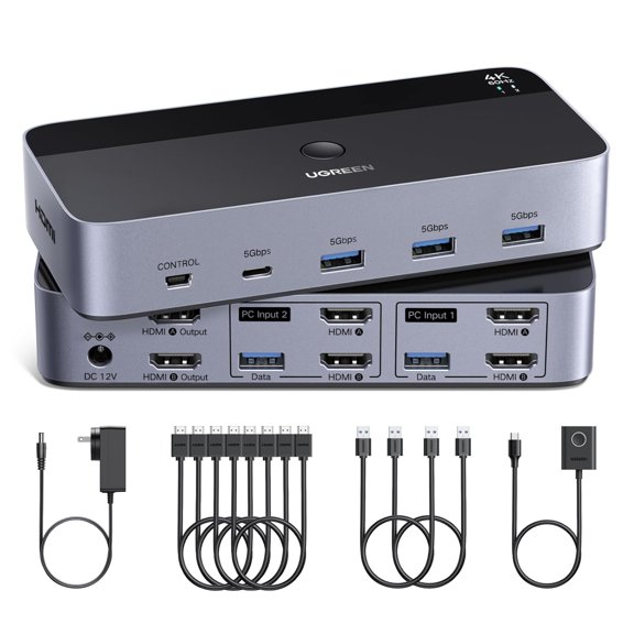 HDMI KVM Switch 2 Monitors 2 Computers 4K@60Hz, with 4 USB 3.0 Ports for 2 Computers Sharing 2 Monitors Keyboard Mouse Printer with 4 HDMI Cables, 2 USB Cables, Power Adapter and Controller