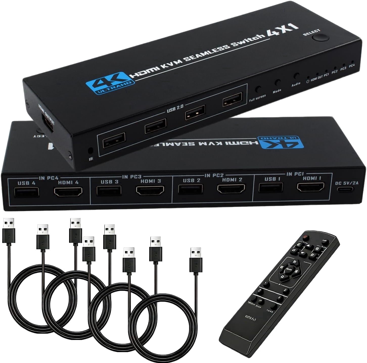 HDMI KVM Switch 4 Port, 4 in 1 Out 4K@30Hz USB 2.0 KVM Switcher with Remote Hotkey Switch, Multiview Split Screen Mouse Roaming for PC Laptop Gaming Monitor