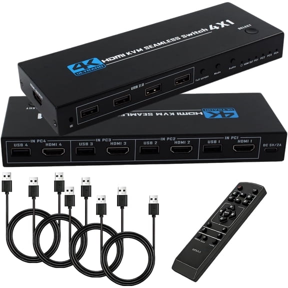 HDMI KVM Switch 4 Port, 4 in 1 Out 4K@30Hz USB 2.0 KVM Switcher with Remote Hotkey Switch, Multiview Split Screen Mouse Roaming for PC Laptop Gaming Monitor