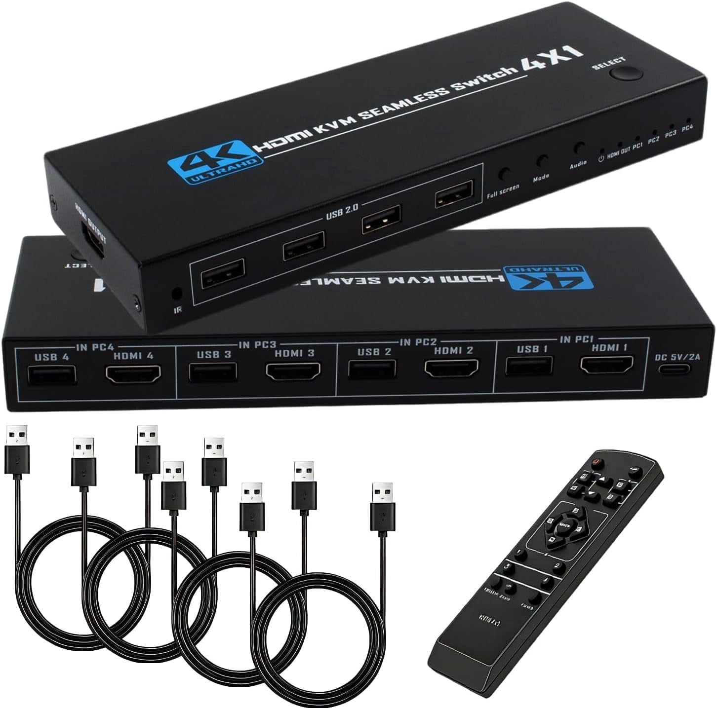 HDMI KVM Switch 4 Port, 4 in 1 Out 4K@30Hz USB 2.0 KVM Switcher with Remote Hotkey Switch, Multiview Split Screen Mouse Roaming for PC Laptop Gaming Monitor