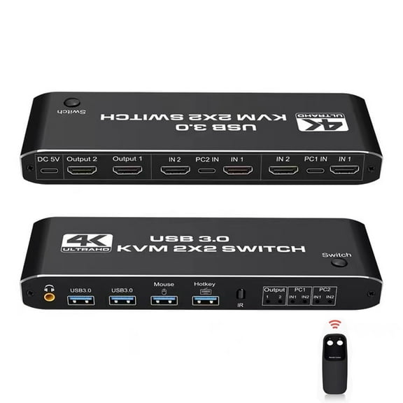 HDMI KVM Switch Dual Screen 2 Monitors 2 Computers 2 in 2 Out,4K@60Hz USB KVM HDMI Switches with Audio HDMI2.0 Ports + 4X USB3.0,Supports 4K 60Hz,1080P 144HZ,RGB 4:4:4,3D,HDR,HDCP,Hotkey,Darkish