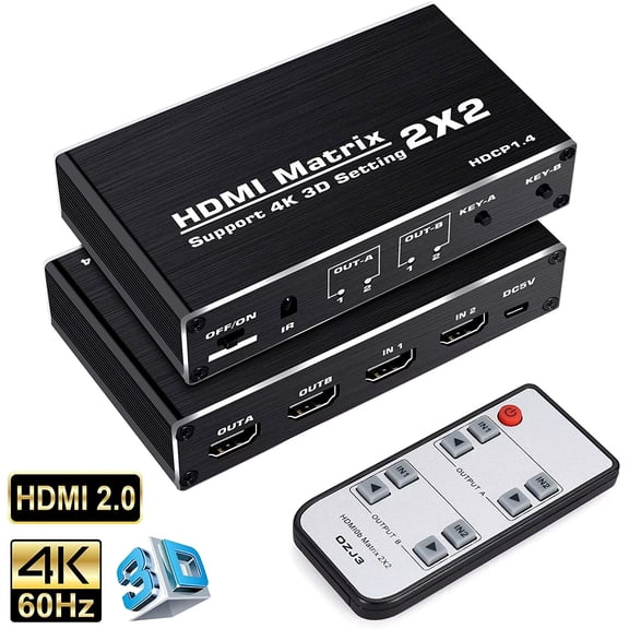 HDMI Matrix 2x2, HDMI Matrix Switch 2 in 2 Out Switcher Splitter Box with IR Remote Control, Support Ultra 4K@60Hz YUV 4:2:0, 4K@30Hz, 3D, 1080P,HDMI 1.4, HDCP 1.4