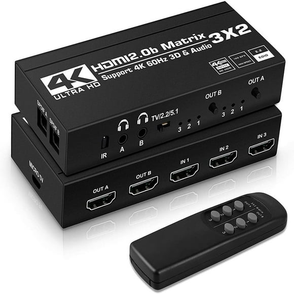 HDMI Matrix 3x2,AUBEAMTO 4K HDMI Matrix Switch 3 in 2 Out Switcher Splitter Box with EDID Extractor and IR Remote Control, Support Ultra 4K HDR, 4Kx2K@60Hz, 3D/1080P,HDMI 2.0b, HDCP 2.2