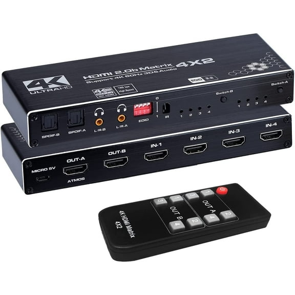 HDMI Matrix 4x2,AUBEAMTO 4K@60Hz HDMI Matrix Switch 4 in 2 Out with EDID Extractor and IR Remote Control, Support HDMI 2.0b, HDCP2.2, HDR10, Ultra HD, 3D