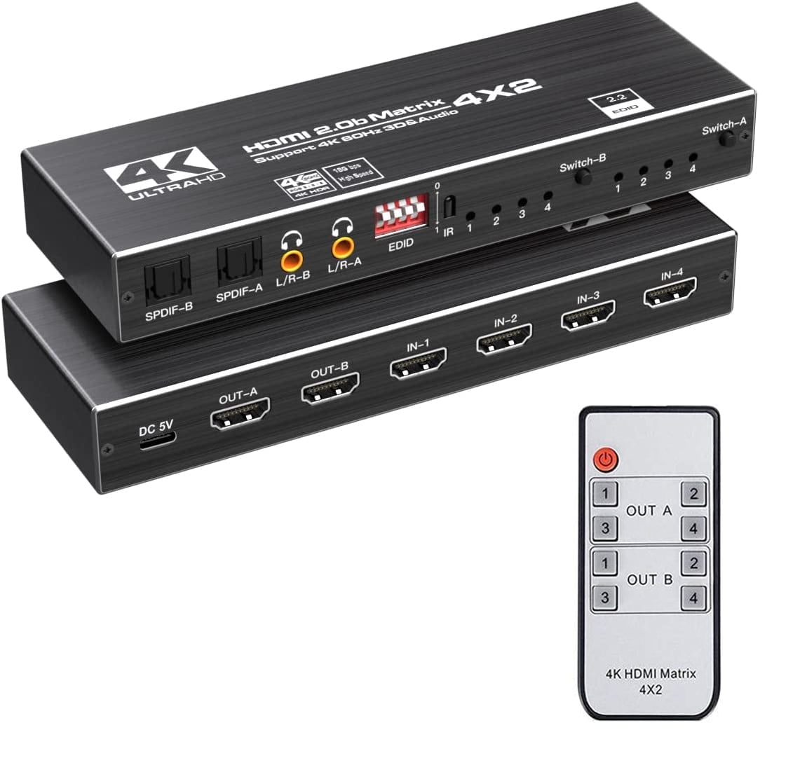 4x2 HDMI Matrix Switch 4K @60Hz - 4 Input 2 Output Switcher Splitter With Remote & Audio Extraction