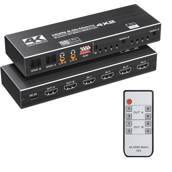 HDMI Matrix 4x2,AUBEAMTO 4K@60Hz HDMI Matrix Switch 4 in 2 Out with EDID Extractor and IR Remote Control, Support HDMI 2.0b, HDCP2.2, HDR10, Ultra HD, 3D