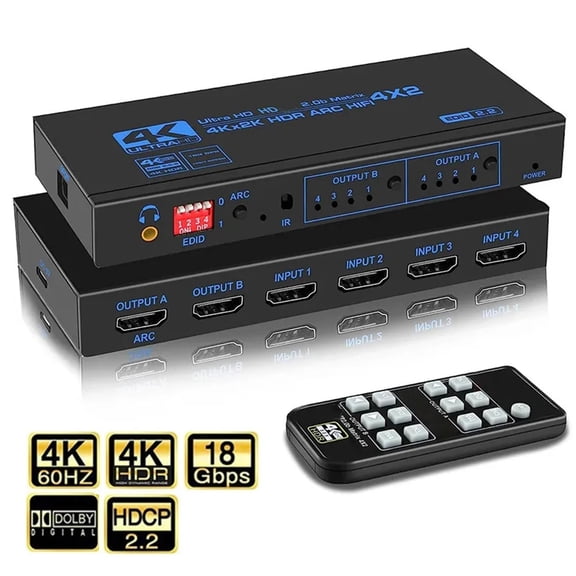 HDMI Matrix Switch 4X2 with ARC, KSRplayer 4 in 2 Out Matrix HDMI Video Switcher Splitter + Optical & 3.5mm Stereo Audio, Scaler 4K @60Hz 1080P Synch, HDMI Audio Extractor with IR Remote Control