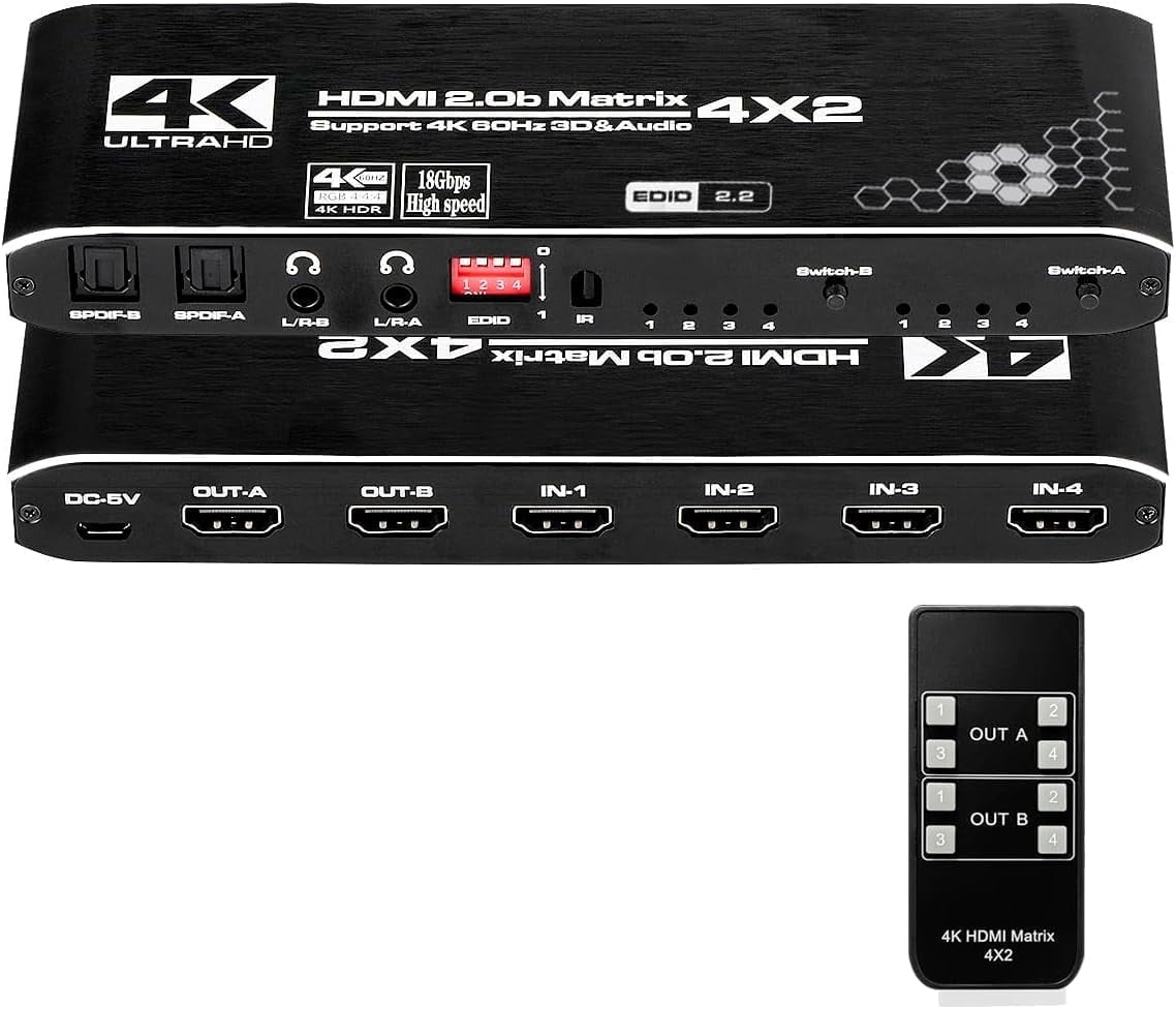 HDMI Matrix Switch 4x2, 4K HDMI Matrix Switcher Splitter 4 in 2 Out Box ...