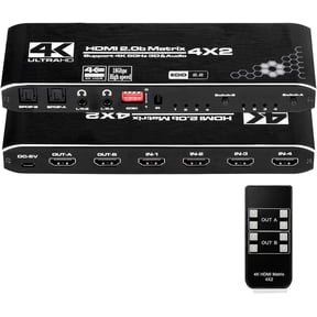 HDMI Matrix Switch 4x2, 4K HDMI Matrix Switcher Splitter 4 in 2 Out Box with EDID Extractor and IR Remote Control Support 4K HDR, HDMI 2.0b, HDCP 2.2, 4K@60Hz, 3D, 1080P