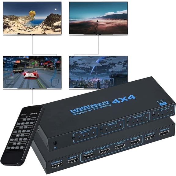 HDMI Matrix Switch 4x4, 4K HDMI Matrix 4 in 4 Out with IR Remote Control, Support HDMI 1.4, 4K@30Hz, 1080P@60Hz, 3D, YUV 4:2:0