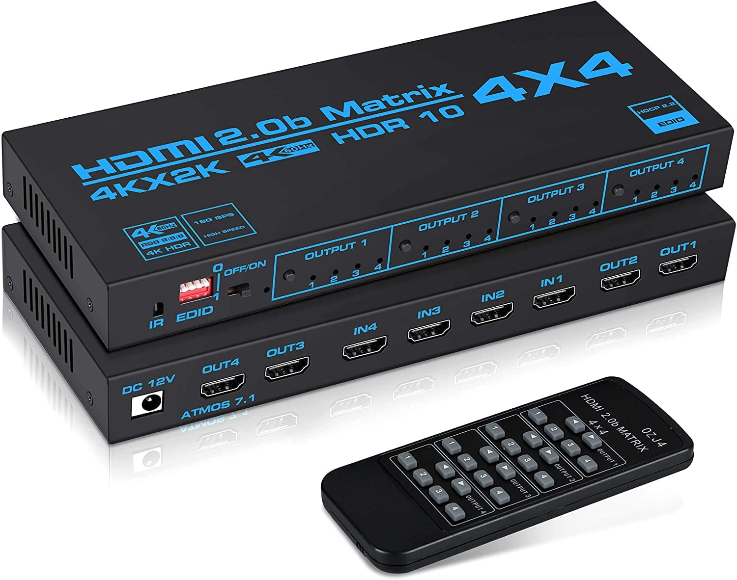 HDMI Matrix Switch 4x4,AUBEAMTO 4K HDMI Matrix Switcher Splitter 4 in 4 Out Box with EDID Extractor and IR Remote Control Support 4K HDR, HDMI 2.0b, HDCP 2.2, 4K@60Hz, 3D, YUV 4:4:4