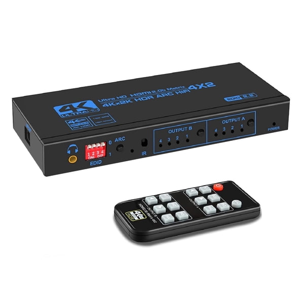 HDMI Matrix Switcher with Remote Control 4 Inputs, 2 Outputs, Supports 3840*2160/60Hz for Home Entertainment System