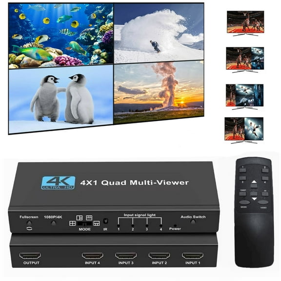 HDMI Multiviewer Switch 4x1, Quad Multi Viewer Seamless Switcher 4 in 1 Out with IR Remote Control Support 4K 30Hz,1080p 60Hz, 5 Viewing Modes, Downscaler, Compatible with Security Camera, M