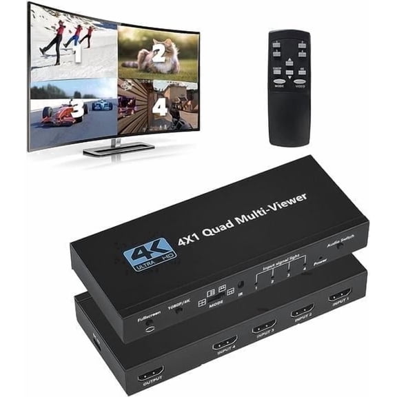 HDMI Multiviewer Switch 4x1, 4K@30Hz 1080p@60Hz, 9 Display Modes, Seamless Switcher with IR Remote for CCTV, PC & Gaming