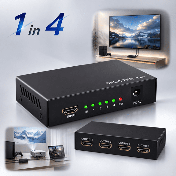 Splitter 1 in 4 Out -4K Hdmi Splitter 1x4 Ports v1.4 Powered 4K/2K Full Ultra HD 1080p US Adapter 3D Support