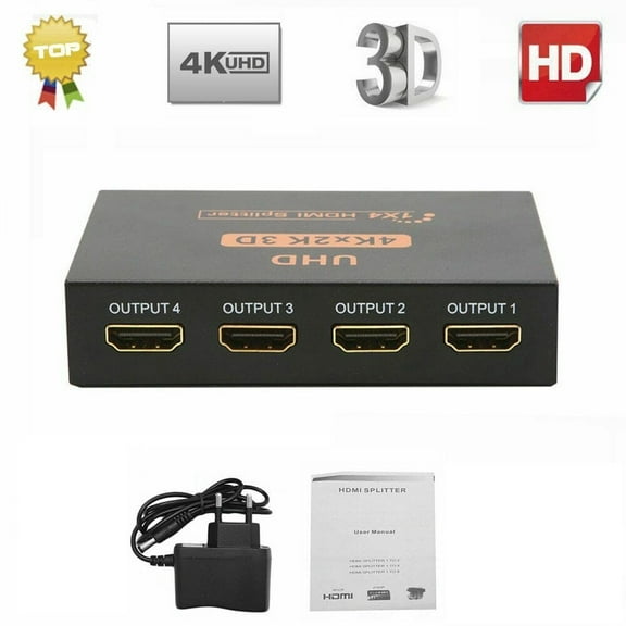 HDMI Splitter 1 in 4 Out, HDMI Switch 1 Input 4 Output/1x4, HDMI Video HD Converter Adapter Supports Ultra HD 1080P 4K and 3D Resolution