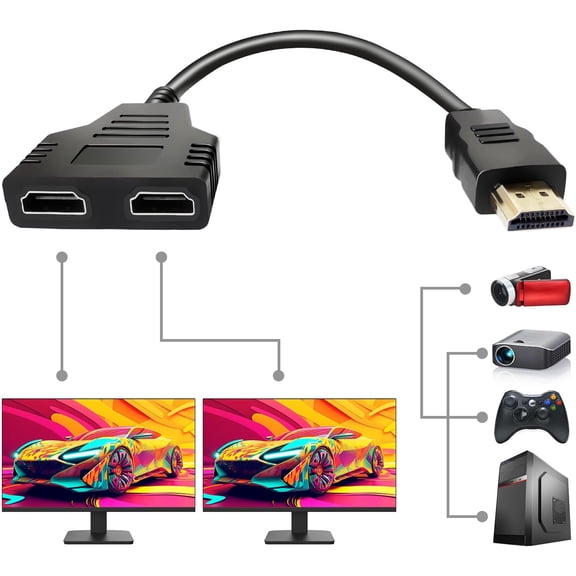 HDMI Splitter Cables Male 1080P to Dual Female 1 to 2 Way HDMI Splitter Adapter Cable for HDTV HD, LED, LCD, TV, Mirror Only Support Two The Same Size TVs at The Same Time 30cm