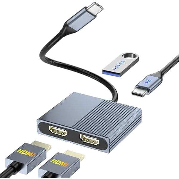 HDMI Splitter for Dual Monitors, Dual HDMI Adapter for 2 Monitors with USB3.0, 100W PD, HDTV Splitter Extended Display, USB C Hub Multiple Port, Laptop Docking Station for Dell/HP/Mac